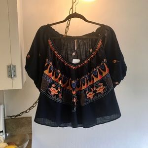 Free People Navy Embroidered Floral Peasant Top L